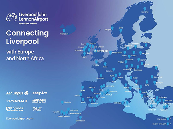 Route map showing the 70+ destinations you can fly to from Liverpool John Lennon Airport in 2026