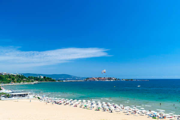 Sunbeds and parasols laid out on the beach with sea in the background