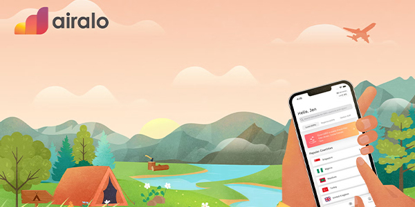 Cartoon hand using cartoon phone to make a selection on Airalo app