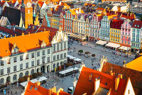 Tall, colourful buildings of a central square in Wroclaw
