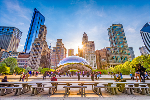 Downtown Chicago with skyscrapers overlooking the Cloud Gate