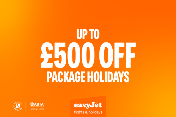 Orange background with white text across saying "Up to &pound;500 off package holidays"