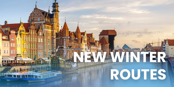 New winter routes from Liverpool John Lennon Airport over the top of a riverside image of Gdansk.