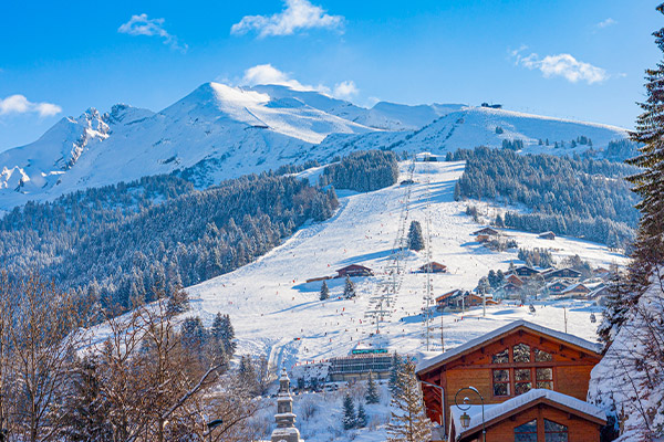 A view looking up a ski slope in La Clusaz, France.