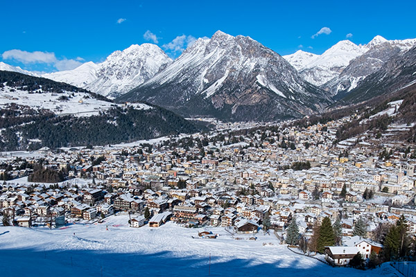 An elevated panoramic view of Bormio in Italy.