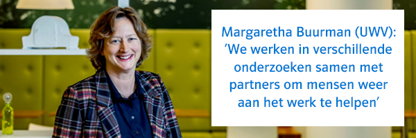Portretfoto van Margaretha Buurman met quote ‘We werken in verschillende onderzoeken samen met partners om mensen weer aan het werk te helpen’