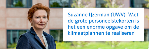 Portretfoto van Suzanne IJzerman met quote ‘Met de grote personeelstekorten is het een enorme opgave om de klimaatplannen te realiseren’