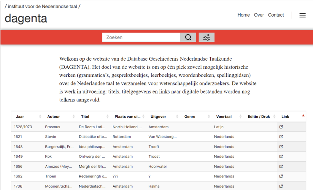Screenshot van de website van DAGENTA: Database Geschiedenis Nederlandse Taalkunde
