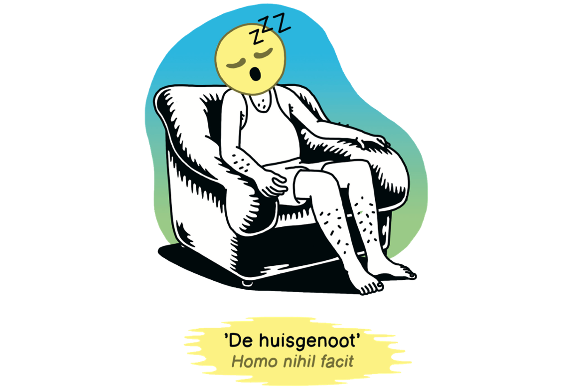 Illustratie van iemand die slaapt in een stoel met daarbij de tekst ‘de huisgenoot‘