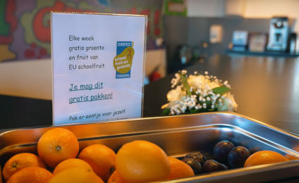 Een bak met fruit waar een bord bij staat waarop staat dat je dit gratis mag pakken.