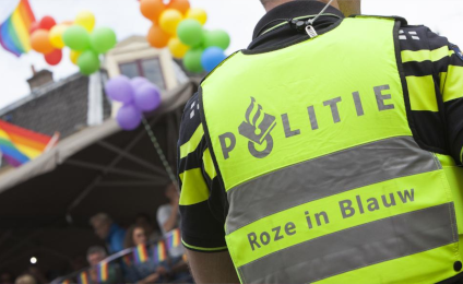 Iemand die een hesje van Roze in blauw draagt bij een Pride viering.