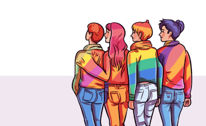 Illustratie van vier jonge mensen die op een rij staan. Ze hebben allemaal regenboogkleding aan.