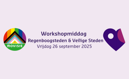 Tekst: Workshopmiddag Regenboogsteden & Veilige Steden, Vrijdag 26 september 2025. Daarnaast staan de logo's van Veilige Steden en Regenboogsteden.