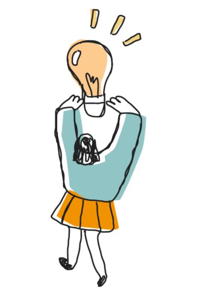 Getekende vrouw die een lampbol omhoog houdt