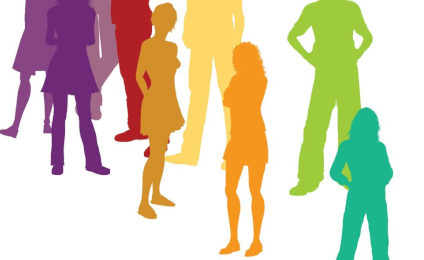 Illustratie van een groep figuren in verschillende kleuren.