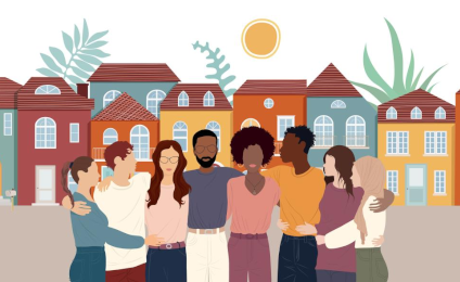 Illustratie van een diverse groep mensen op een rij. Op de achtergrond zijn huizen te zien.