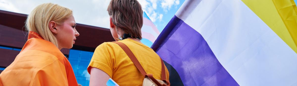 Twee jonge mensen staan naast elkaar bij Pride. Naast hen en op de achtergrond zijn een non-binaire en een transvlag zichtbaar.