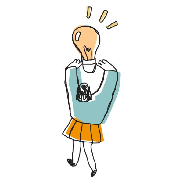 Getekende vrouw houdt een lampbol vast boven haar hoofd