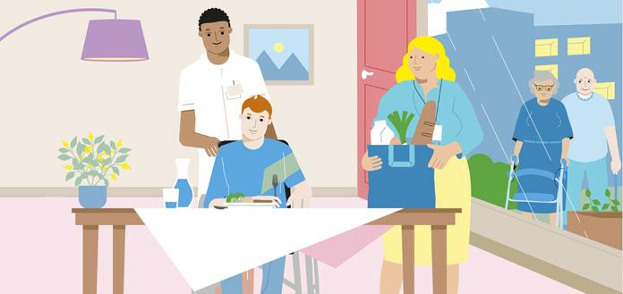 Illustratie van man in rolstoel met mantelzorgende en zorgprofessional en 2 ouderen buiten met rollator