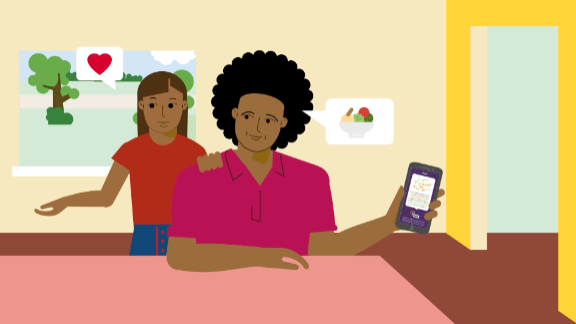 Illustratie van een vrouw met een telefoon die het heeft over gezondheid