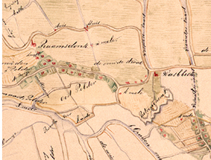 Uitsnede van: Kaart van het land van Heusden en Altenaa etc. Manuscriptkaart; pen, gekleurd. Maker: D.G.B. van Dalhoff. Datering: 1778-1779. Vindplaats: Generaliteitsland Brabant / Oost / Land van Heusden en Altena / 1779 (1)