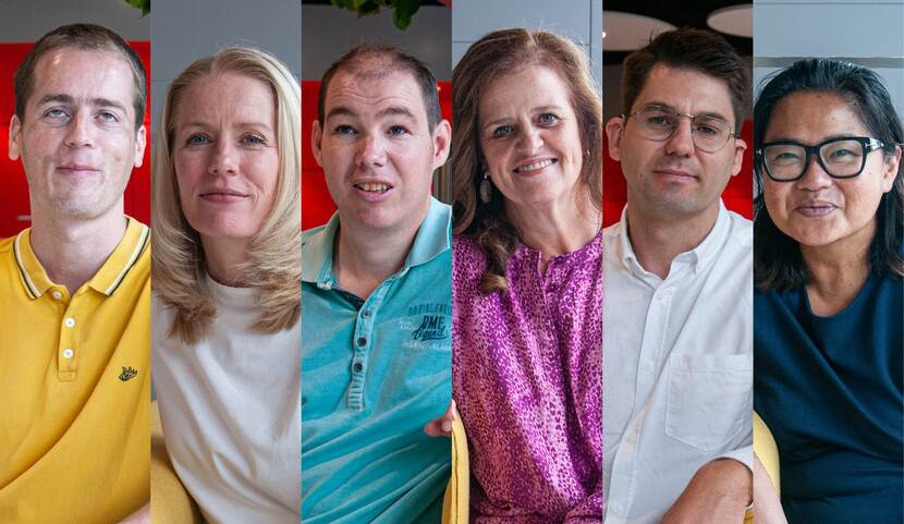 Fotoportretten van zes mensen die deel uitmaken van de klankbordgroep voor het EU-verdrag handicap. Dat verdrag beschermt de rechten van mensen met een beperking.