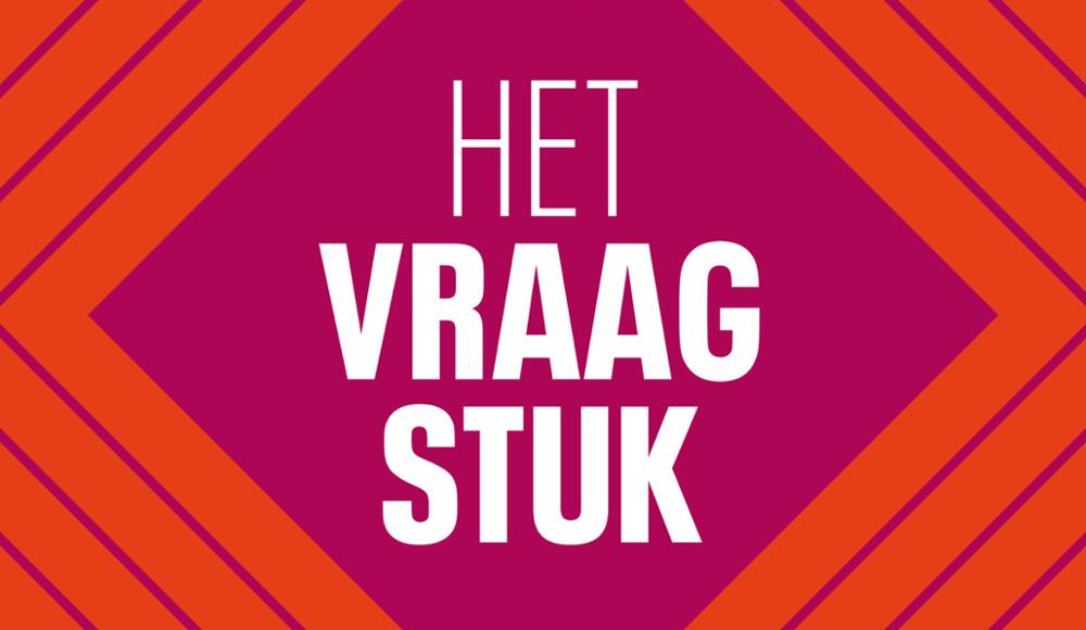 Paarse ruit met de tekst 'Het Vraagstuk' op een rood vlak met paarse lijnen in de vorm van een ruit