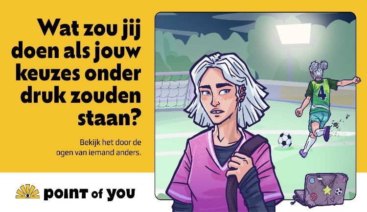 Een illustratie van twee personen op een voetbalveld met de tekst wat zou jij doen als jouw keuzes onder druk zouden staan?