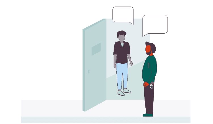 Illustratie van twee pratende mensen voor een gevangenisdeur