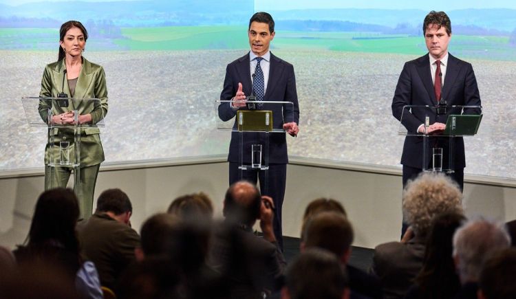 Politieke partijleiders Dilan Yesilg&ouml;z (VVD), Rob Jetten (D66) en Henri Bontebal (CDA)