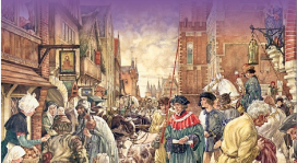 Afbeelding uit geschiedenisboek: een Middeleeuws straattafereel
