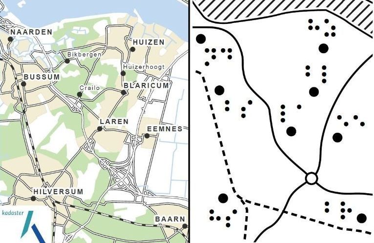 topografisch kaartje: links het origineel, rechts het voelbare braillekaartje