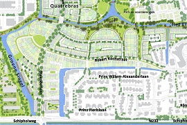 Kaart van een deel van Badhoevedorp. In groen de nieuwe delen en wit en grijs bestaande buurten.