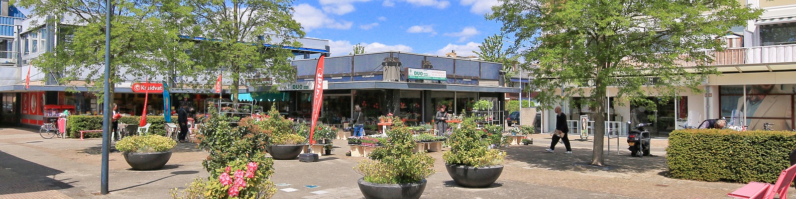 Foto van een plein met tegels, bomen, groen en daaromheen winkels. 