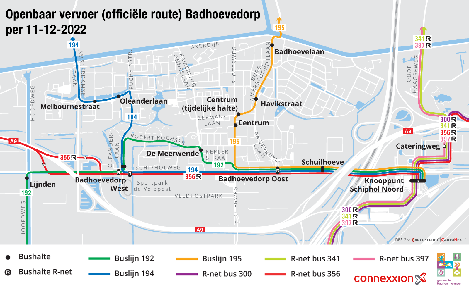 Kaart van Badhoevedorp. Met in gekleurde lijnen de routes voor de bussen. 