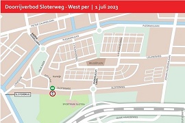 Kaart van amsterdam West met daarop de afsluiting van de Sloterweg.