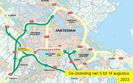 Kaartje van de Ring Amsterdam. Met daarop de routes en afsluitingen.