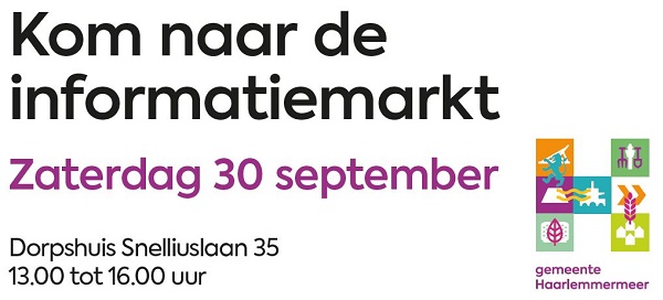 Afbeelding met de tekst: Kom 30 september van 13:00 - 16:00 uur naar deinformatiemarkt. In het dorpshuis aan de Snelliuslaan. 