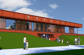 Voorbeeld van een roodbruin modern clubgebouw. Het gebouw staat op een groene terp/heuvel en heeft veel ramen.