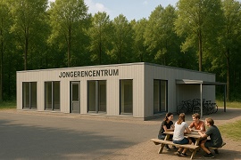 tekening van een laag gebouw met daarop de tekst jongerencentrum