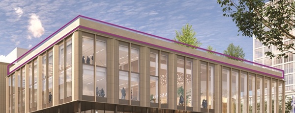 Een indruk van het gemeentehuis met de dakrand waar jouw idee op kan komen