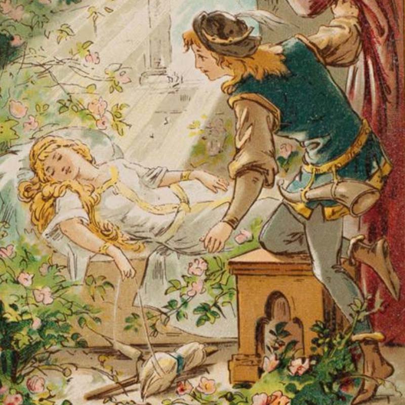 Tekening uit een sprookje: de prins buigt zich over Doornroosje heen om haar wakker te kussen.