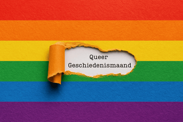 De regenboogvlag met in het midden de woorden Queer Geschiedenismaand.