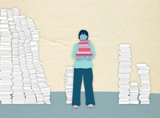 Tekening van een persoon die een stapel boeken vasthoudt. De persoon staat tussen de stapels boeken.