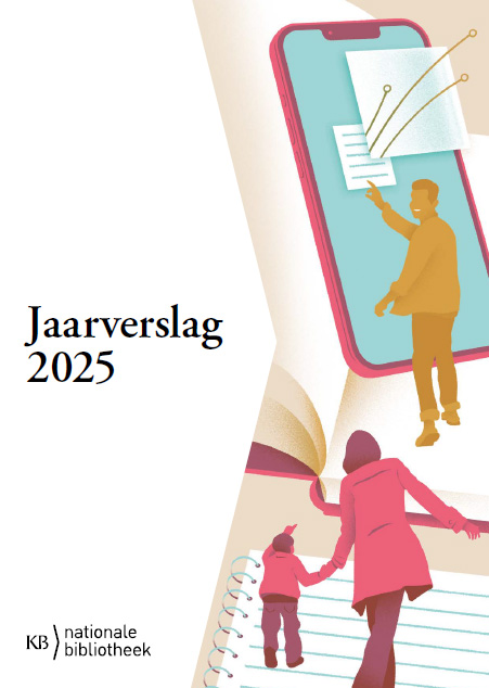 Omslag van het jaarverslag 2025, met tekst, logo en tekeningen van een man die op voor een grote telefoonstaat en een vrouw die hand en hand met een kind een zogenaamde trap oploopt die bestaat uit de regels uit een schriftje.