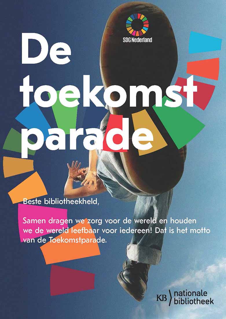 Affiche van de Toekomstparade, met een onderaanzicht van de voet van een wandelende persoon. 