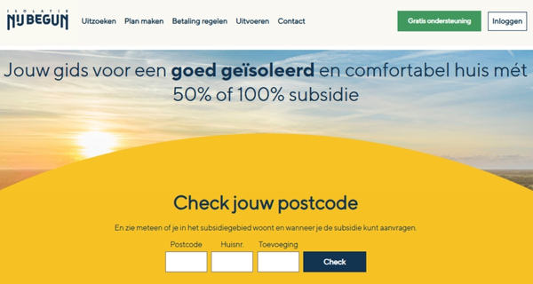 screenshot van de homepagina van de website isolatie.nijbegin.nl met de postcodechecker