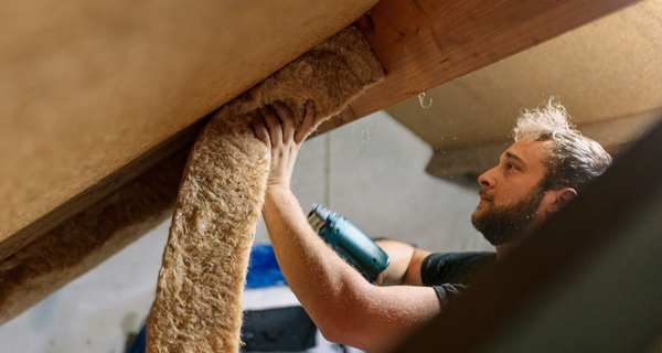 Medewerker isolatiebedrijf plaatst isolatieplaten aan de binnekant van een dak
