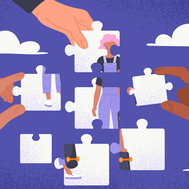 Illustratie handen met puzzelstukjes waarop delen van een persoon staan