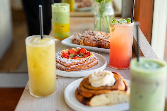Bayon Bakery pastires and drinks at the window table